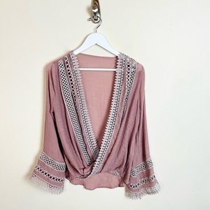 Free People Mauve Woven Surplice Crochet Cutout Long Sleeve Boho Blouse